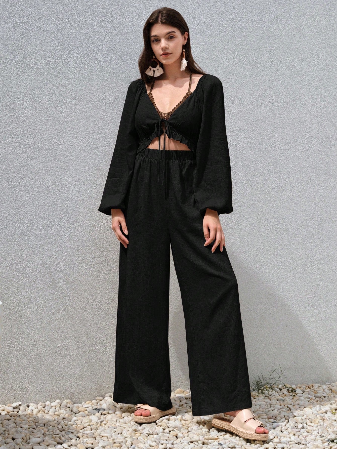 BohoFeels Tie Front Lantern Sleeve Jumpsuit