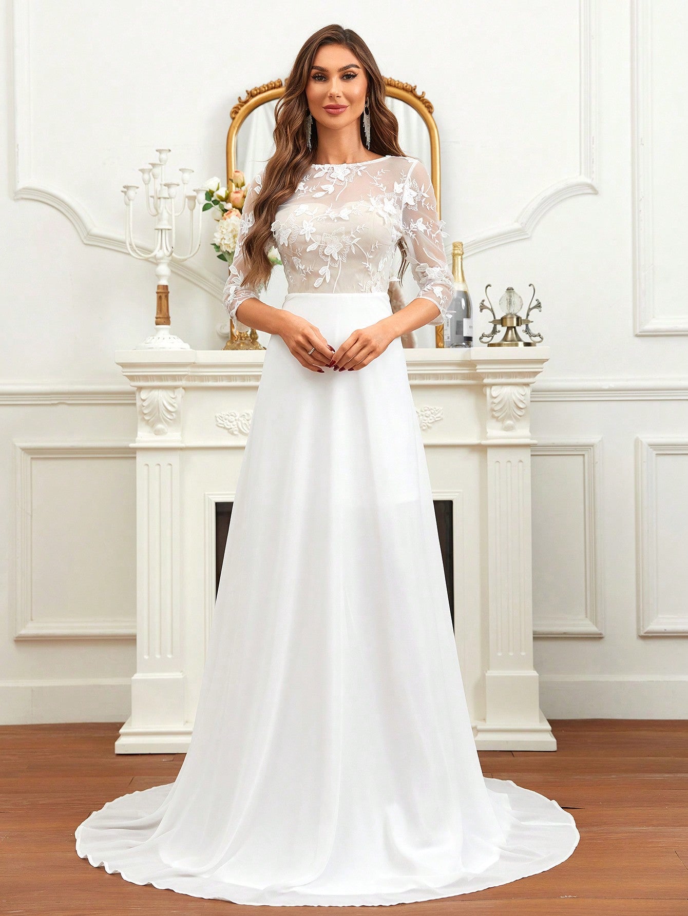 Belle Contrast Embroidery Mesh Floor Length Wedding Dress Without Veil