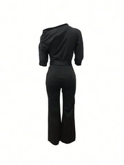 Solid Asymmetrical Neck Belted Jumpsuit