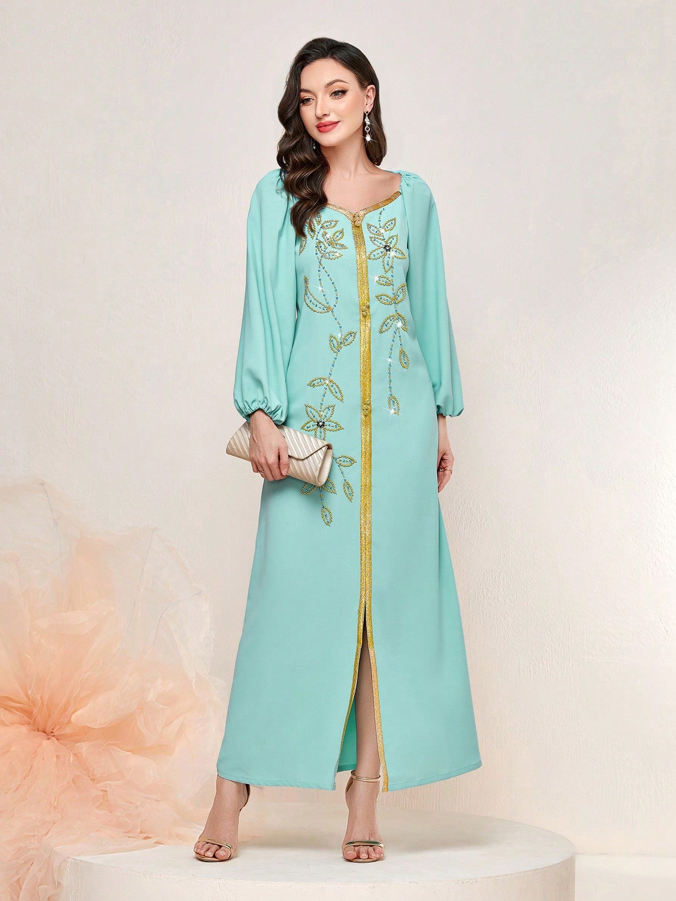 Najma Floral Embroidery Lantern Sleeve Split Hem Kaftan