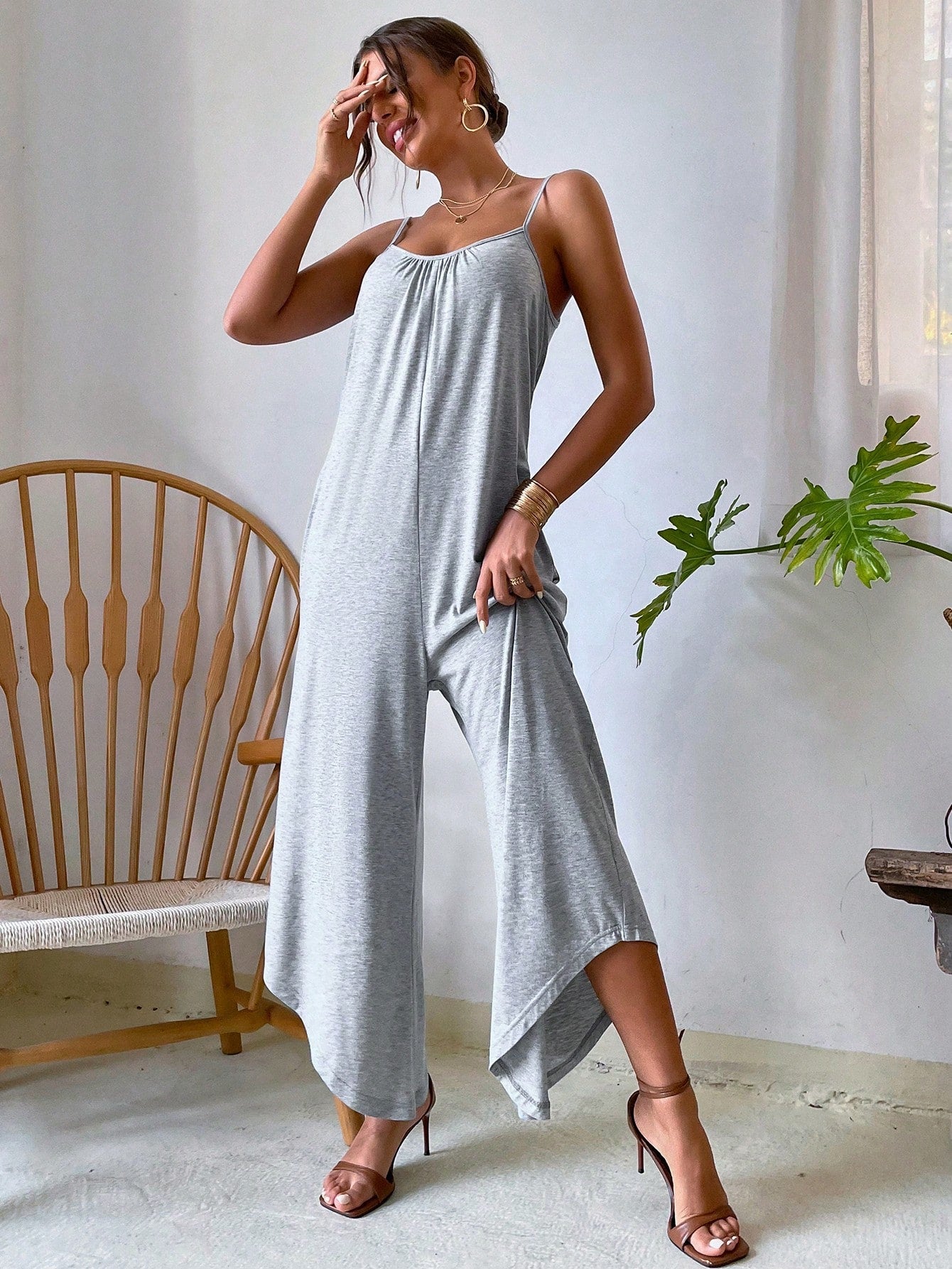 VCAY Striped Print Asymmetrical Hem Cami Jumpsuit