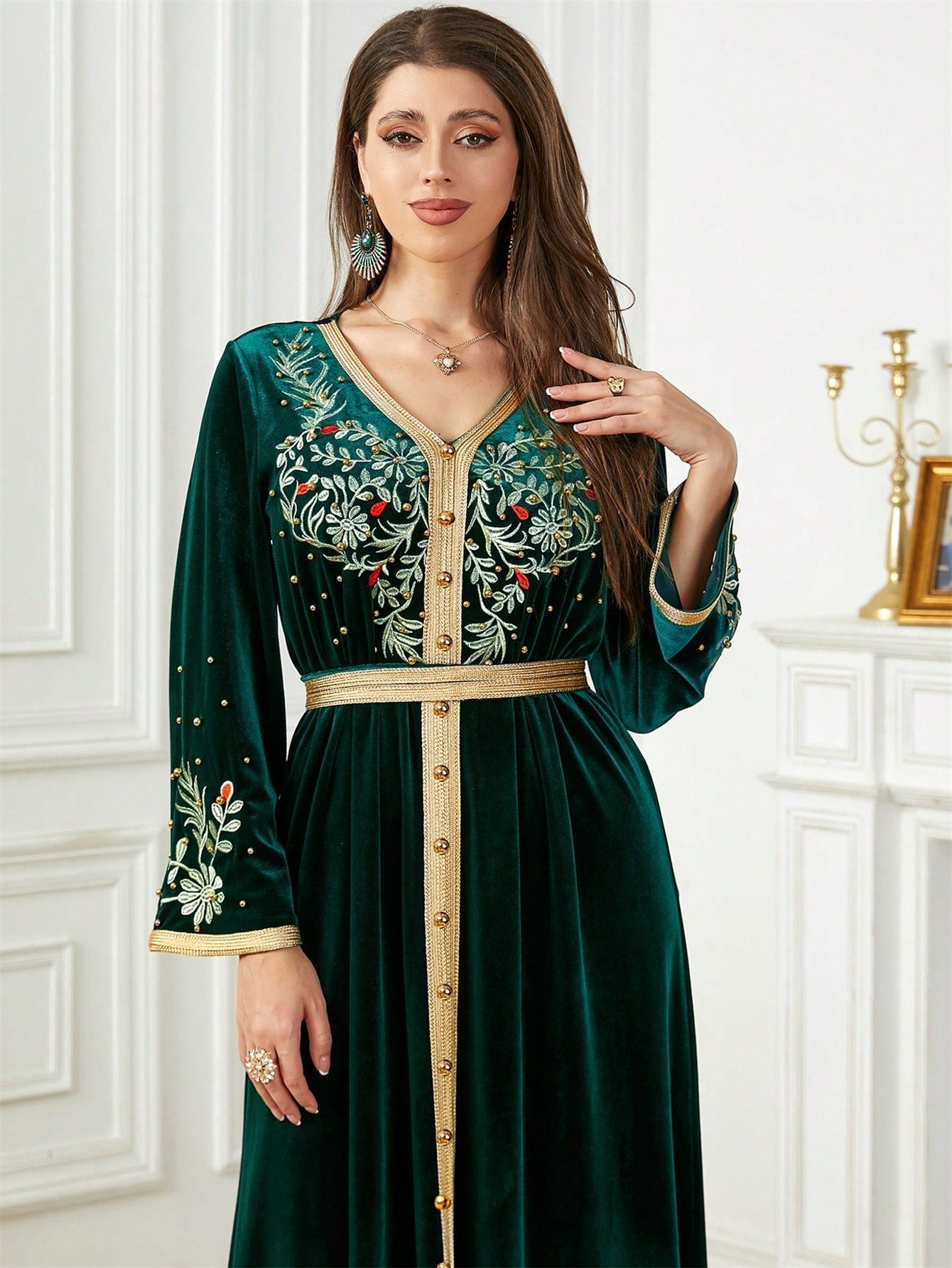 Floral Embroidery Contrast Trim Velvet Kaftan