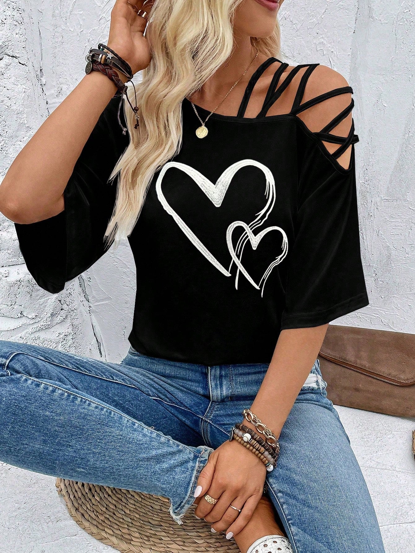 VCAY Figure Graphic Asymmetrical Neck Tee