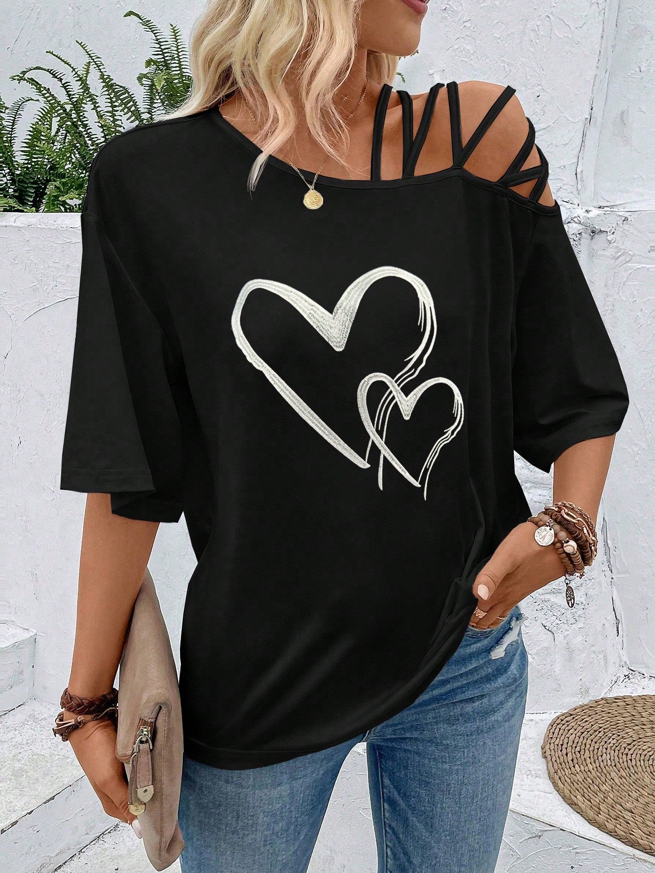 VCAY Figure Graphic Asymmetrical Neck Tee