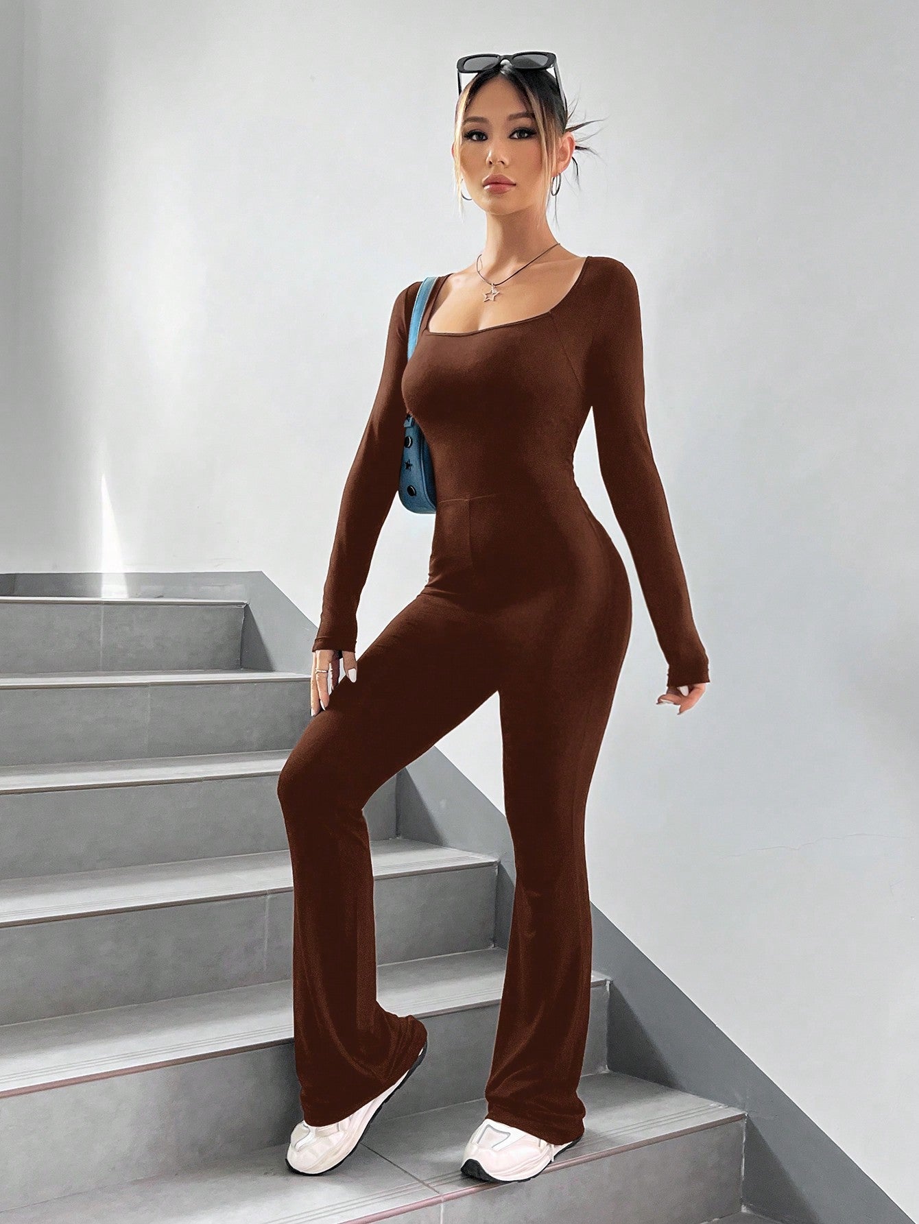 EZwear Square Neck Flare Leg Jumpsuit