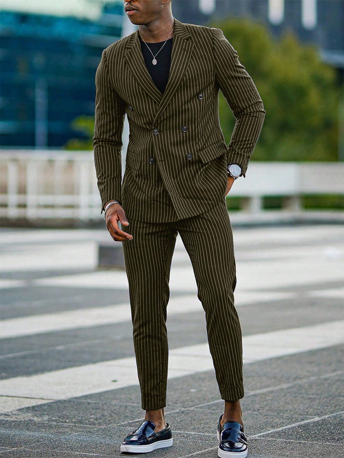 Manfinity Mode Men Striped Print Blazer & Suit Pants