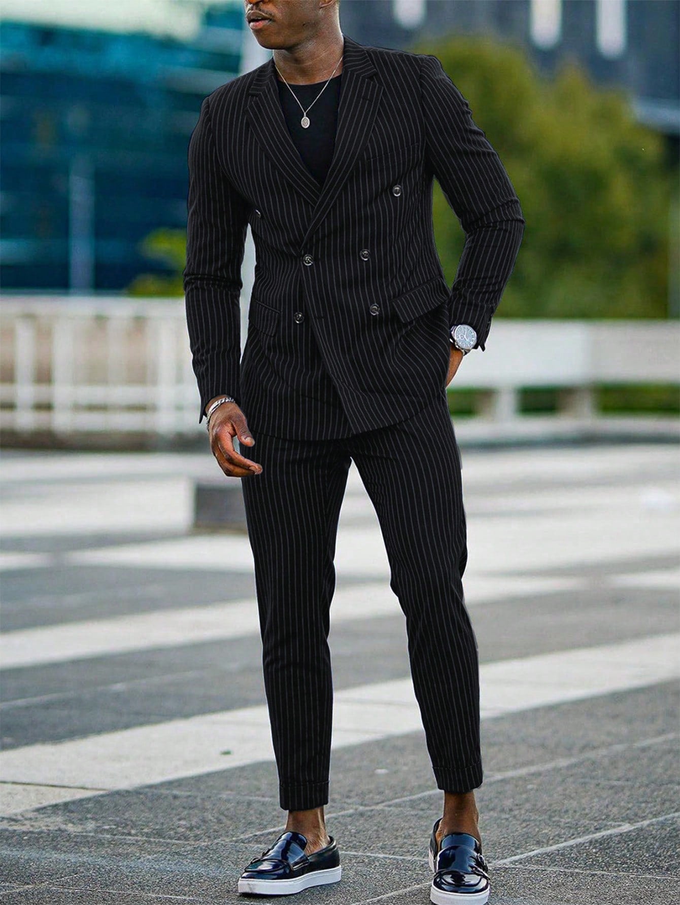 Manfinity Mode Men Striped Print Blazer & Suit Pants