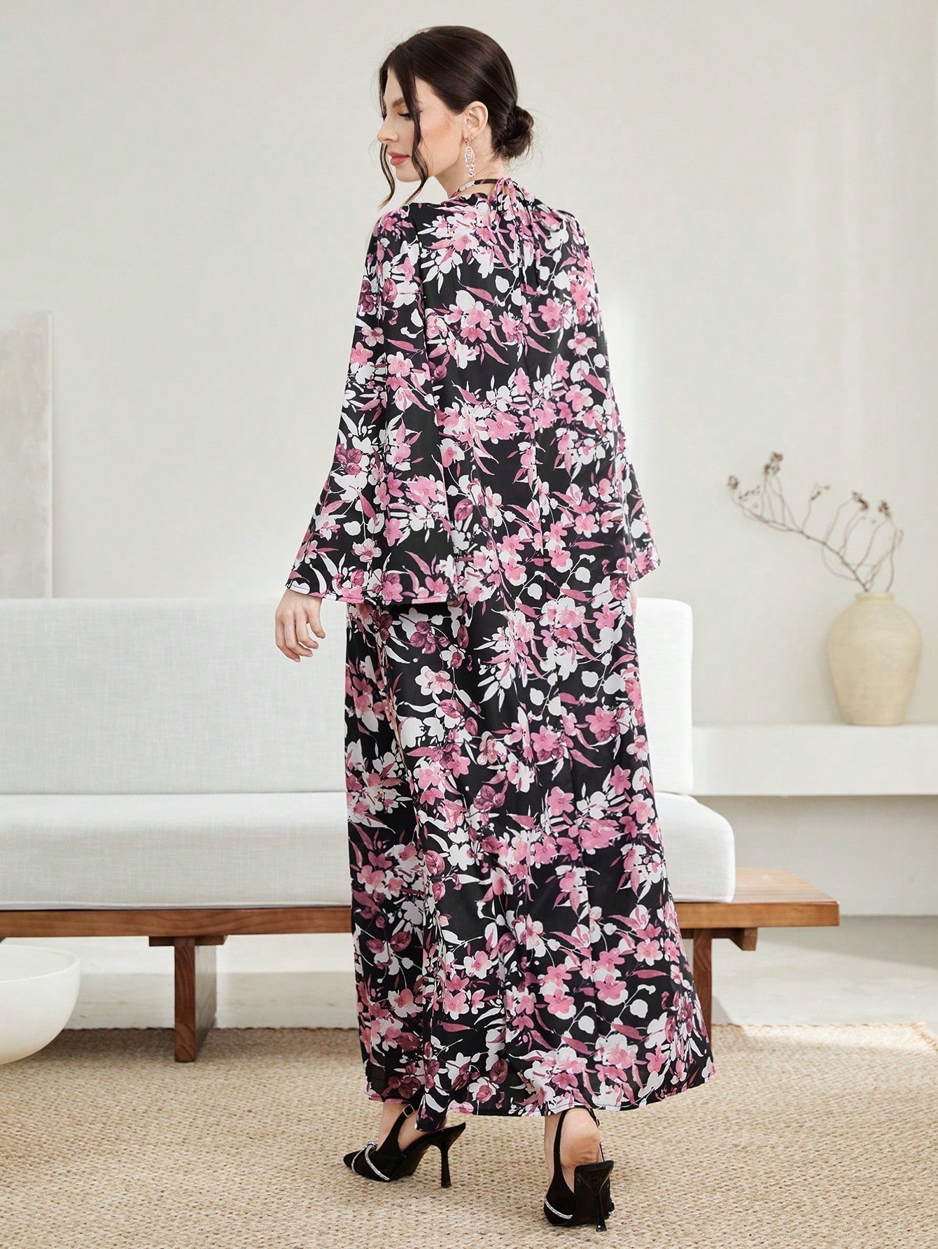 Najma Floral Print Crisscross Front Flounce Sleeve Kaftan