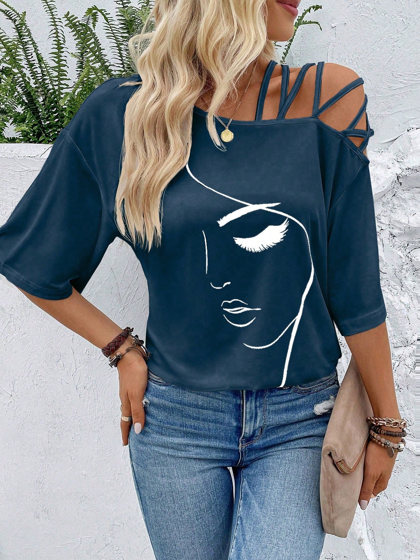 VCAY Figure Graphic Asymmetrical Neck Tee