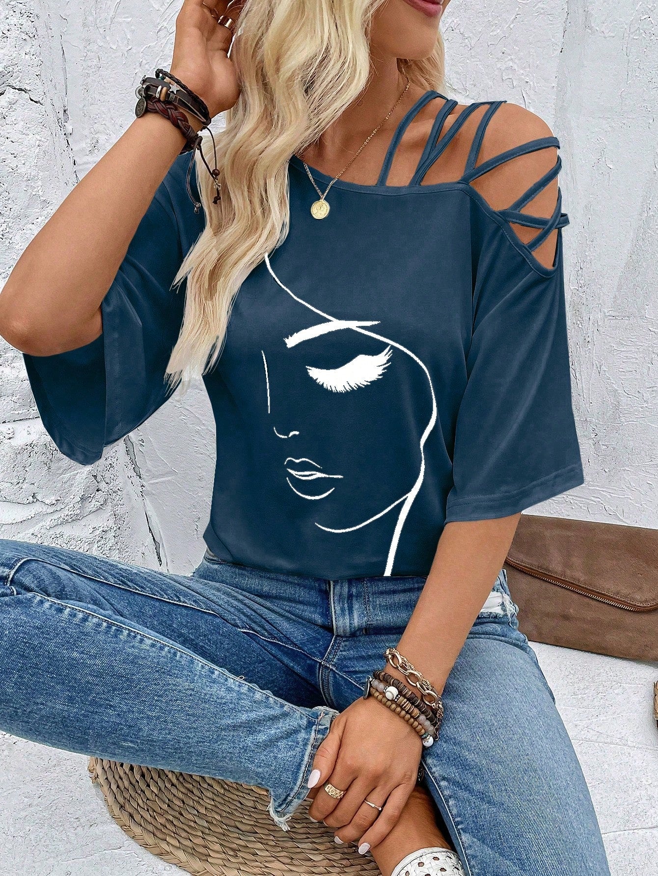 VCAY Figure Graphic Asymmetrical Neck Tee