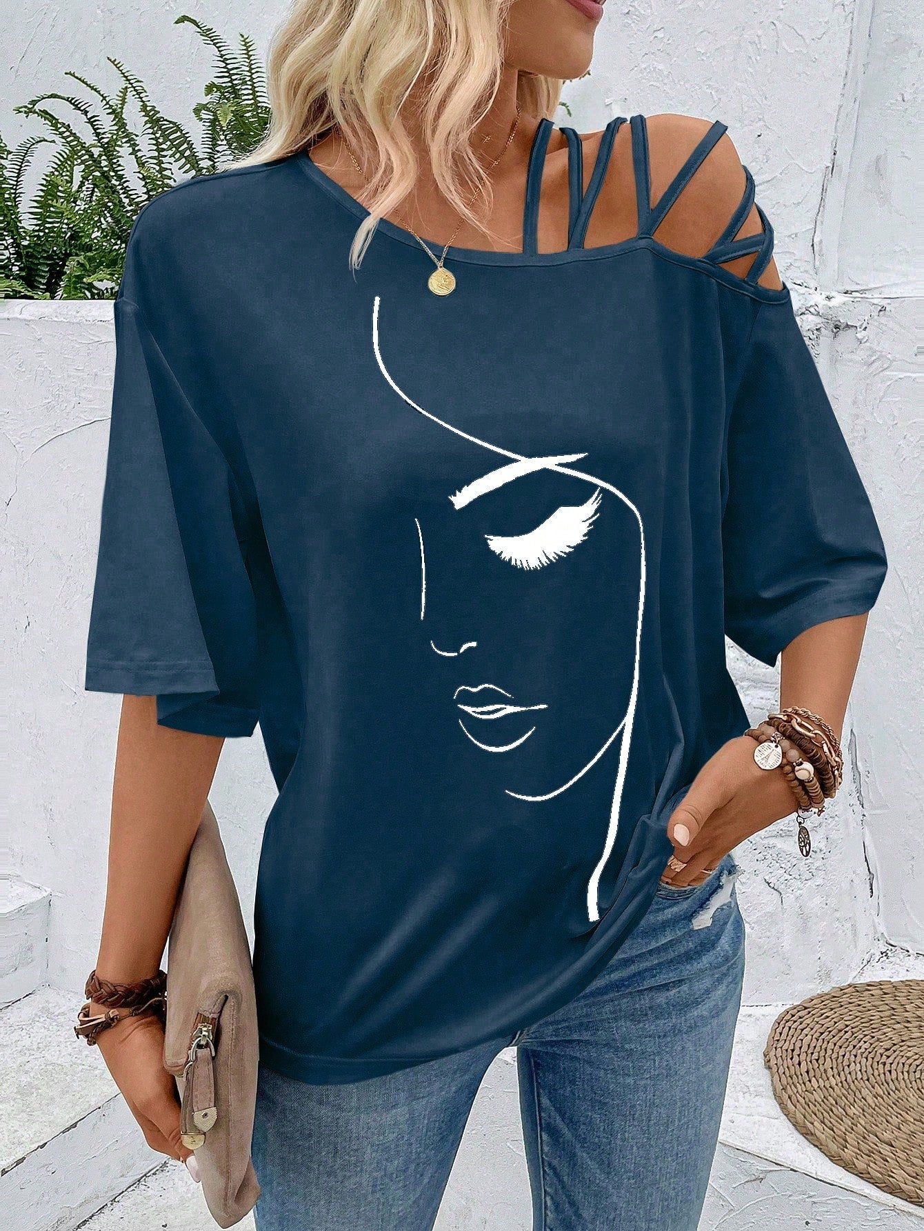 VCAY Figure Graphic Asymmetrical Neck Tee