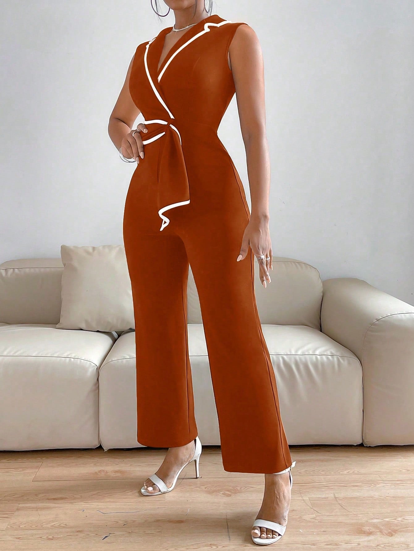 Privé Lapel Collar Contrast Binding Jumpsuit