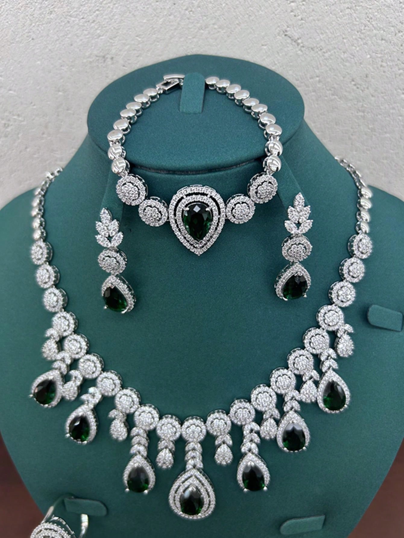 European And American Style Luxury Green Cubic Zirconia Jewelry Set, Including Earrings, Necklace, Ring, Bracelet, Perfect For Formal Occasions Such As Wedding Banquets And Bridal Wear