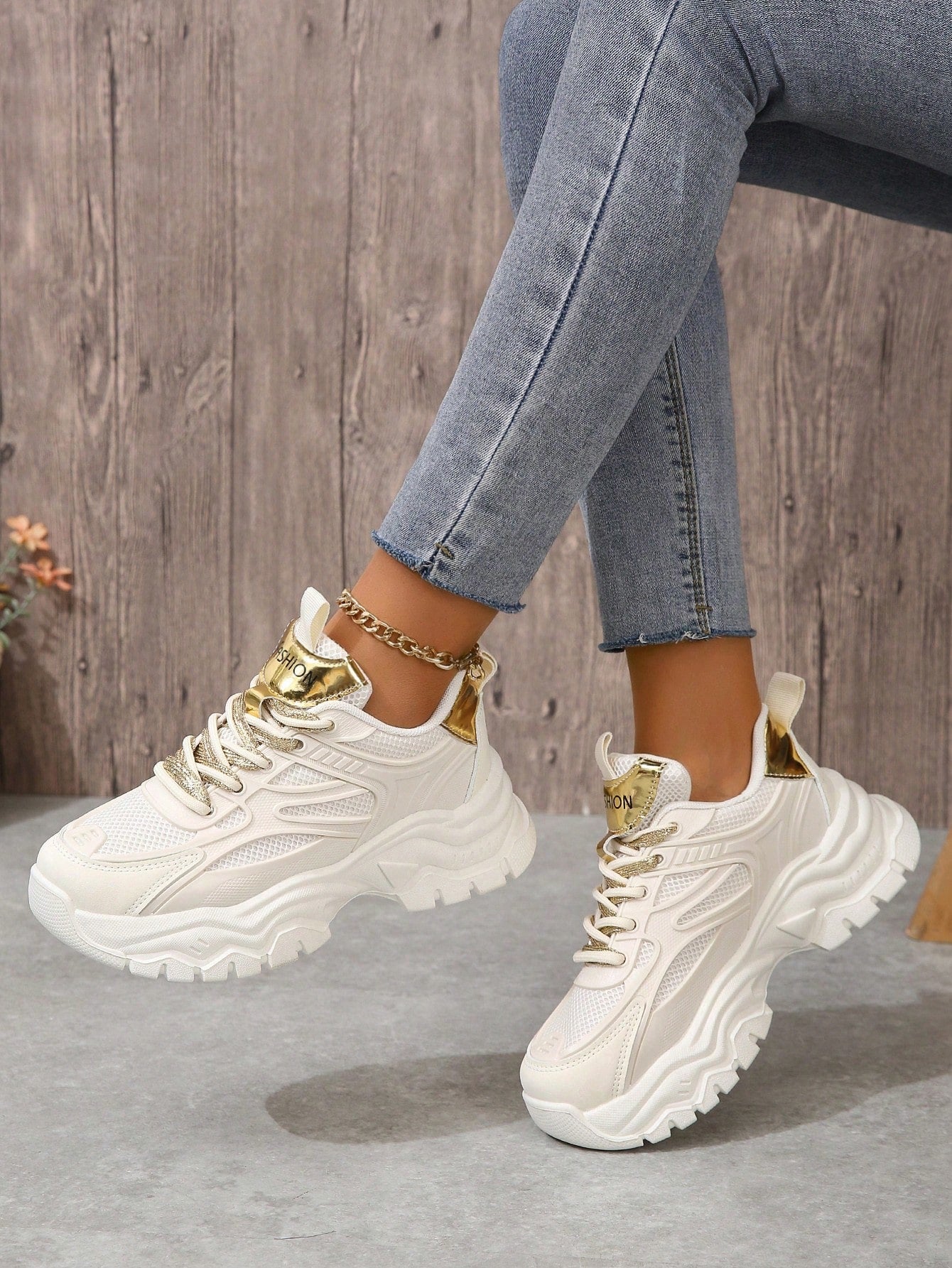 Women's Golden Dad Sneakers, Ins Street Style, Platform, Height Increasing, Fashionable, Casual, Sports Shoes