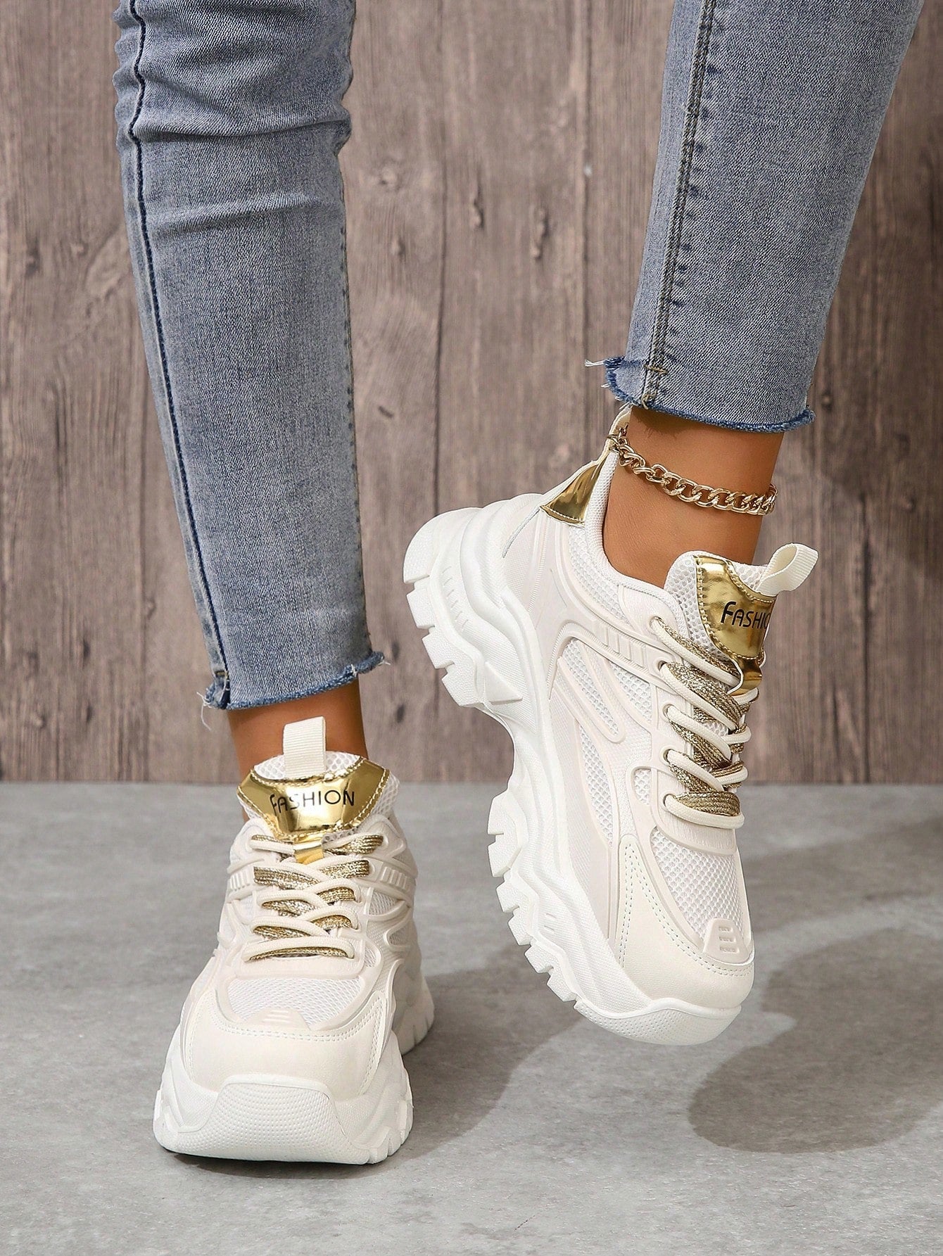 Women's Golden Dad Sneakers, Ins Street Style, Platform, Height Increasing, Fashionable, Casual, Sports Shoes