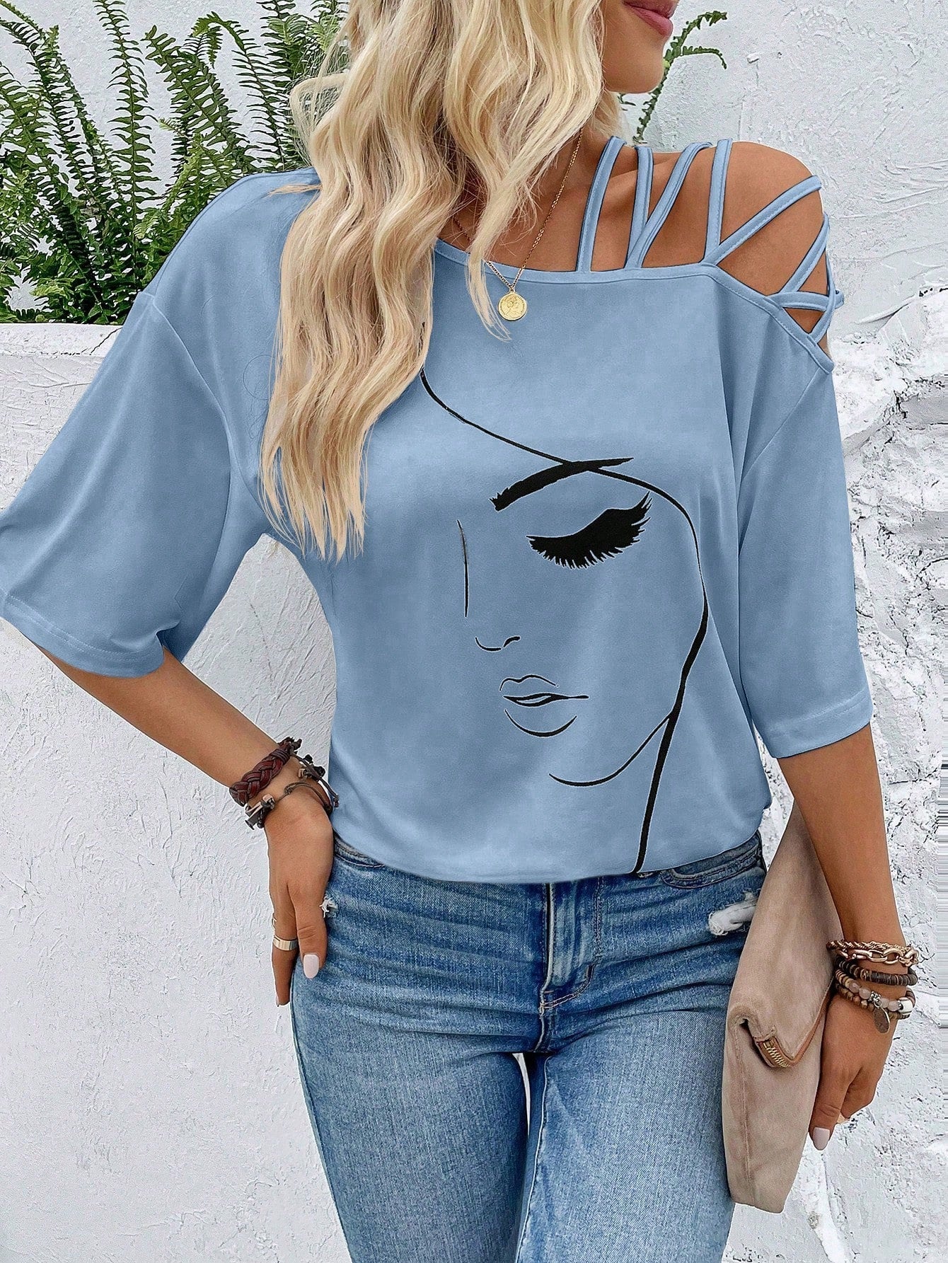 VCAY Figure Graphic Asymmetrical Neck Tee