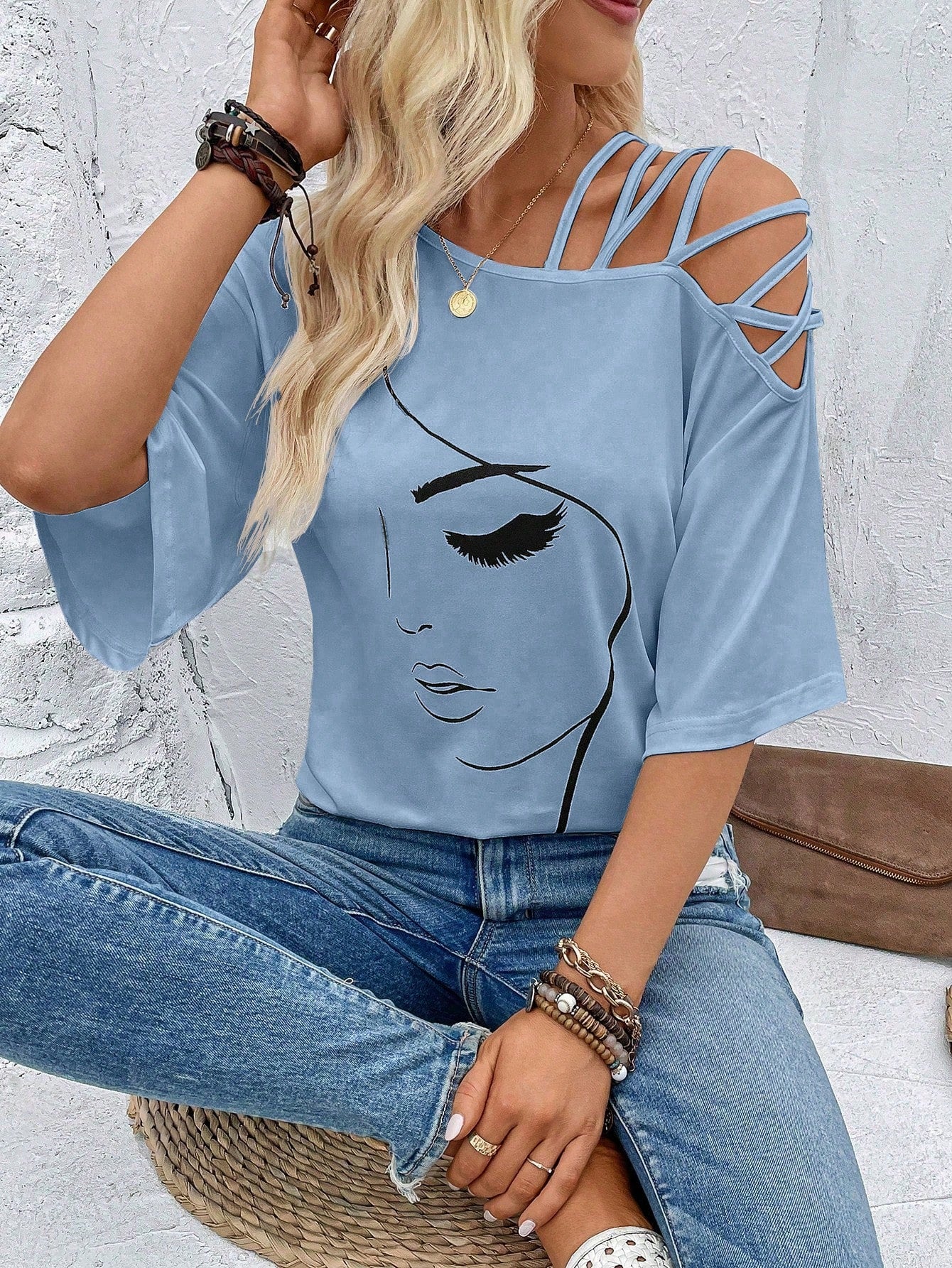 VCAY Figure Graphic Asymmetrical Neck Tee