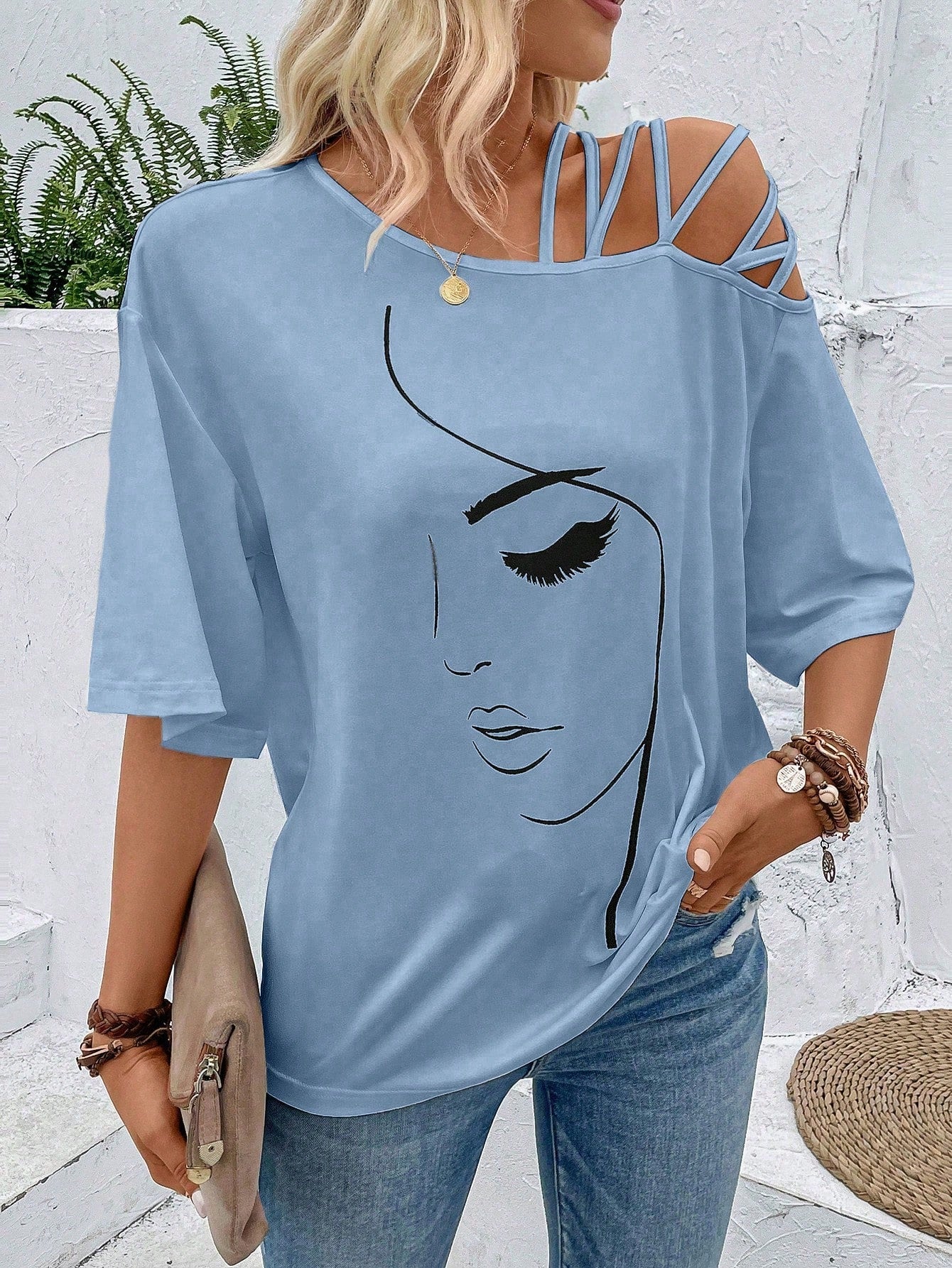 VCAY Figure Graphic Asymmetrical Neck Tee