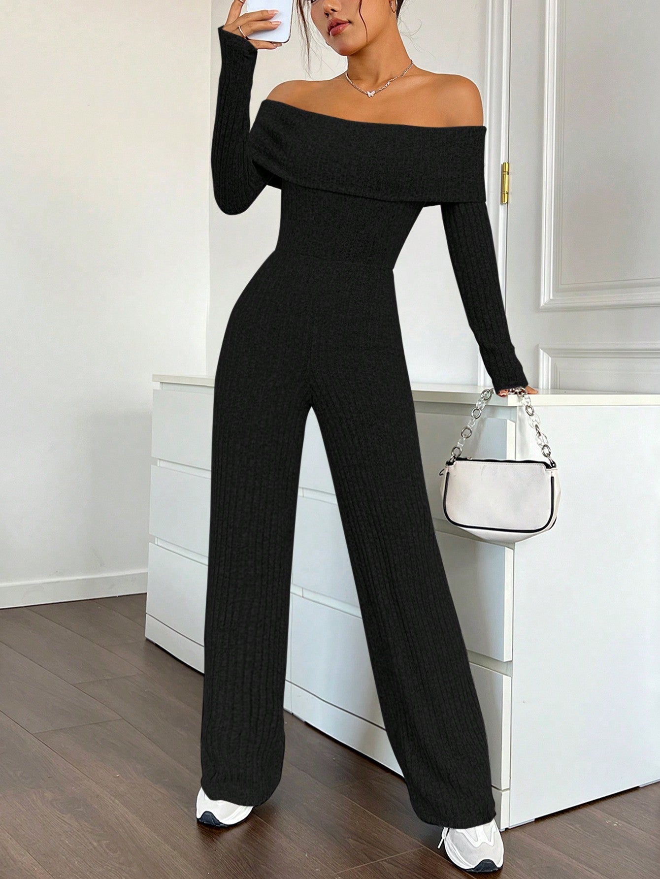 EZwear Foldover Off Shoulder Wide Leg Jumpsuit