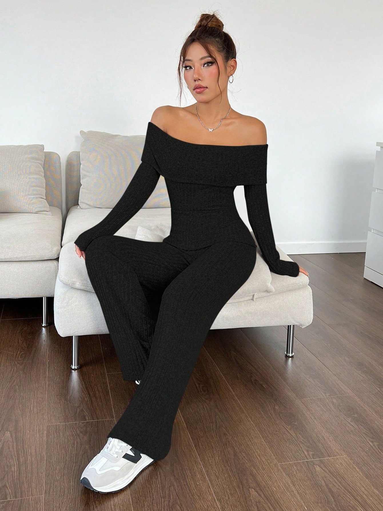 EZwear Foldover Off Shoulder Wide Leg Jumpsuit