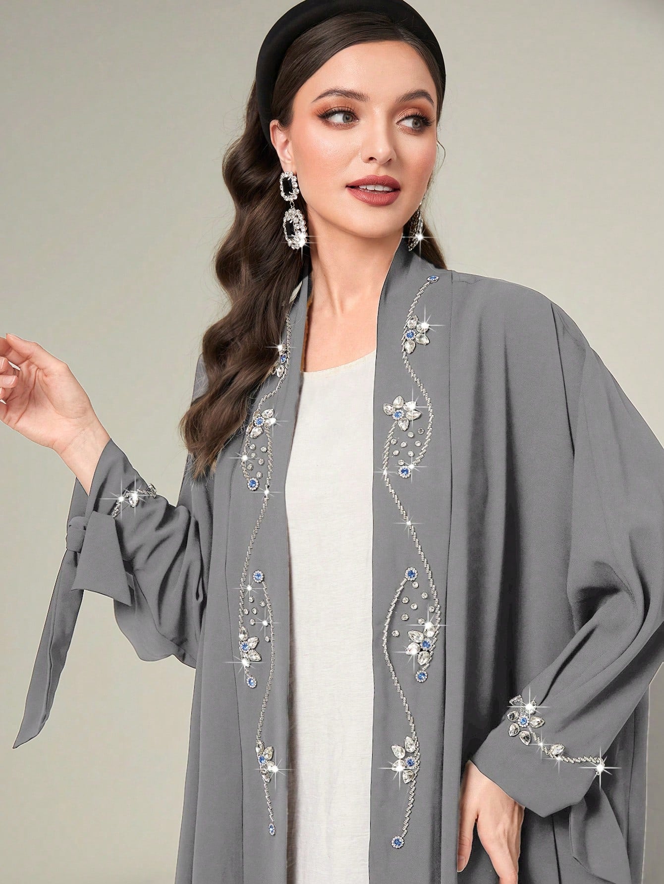 Najma Floral Rhinestone Batwing Sleeve Abaya