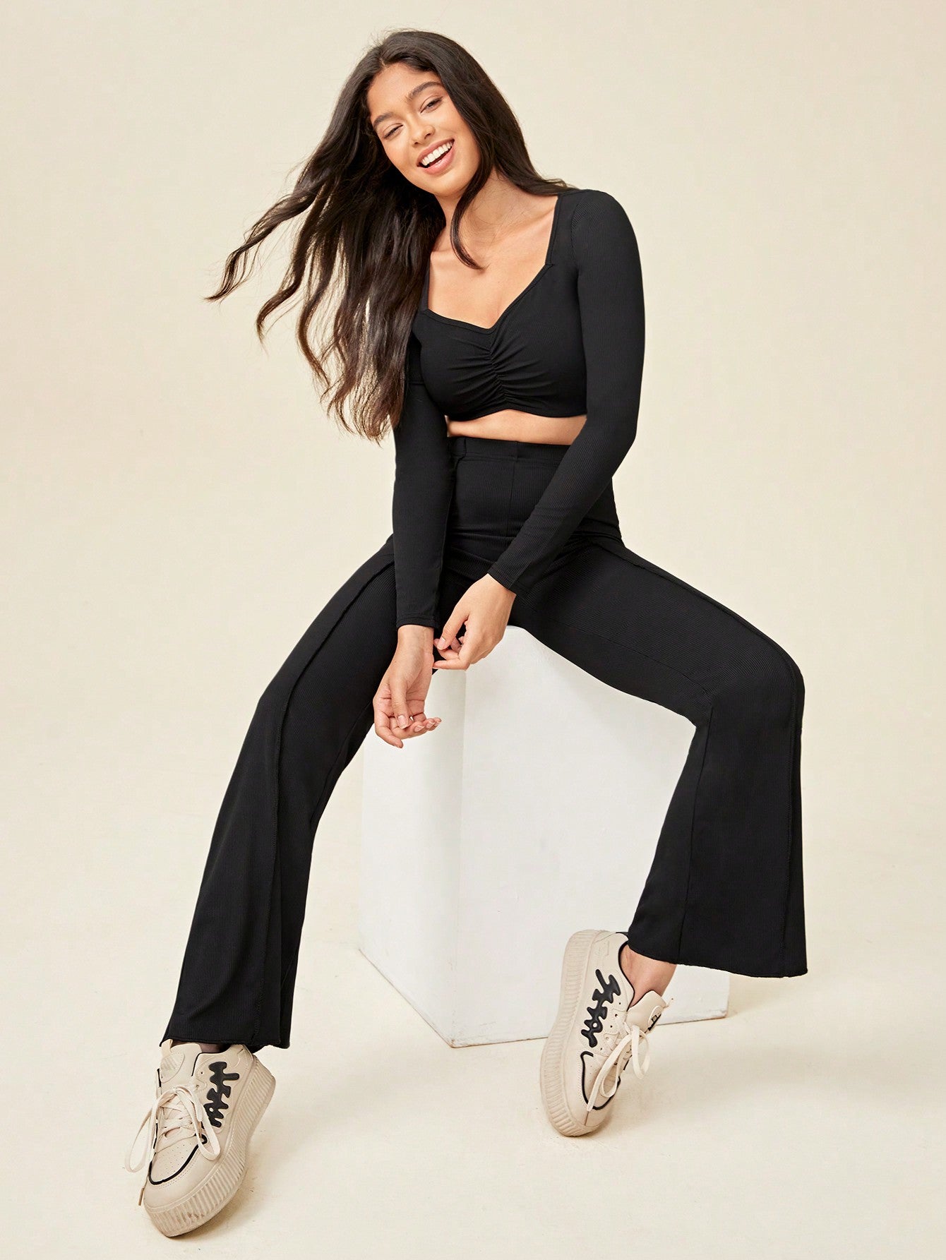 Daily&Casual Ruched Bust Sports Tee & Flare Leg Pants