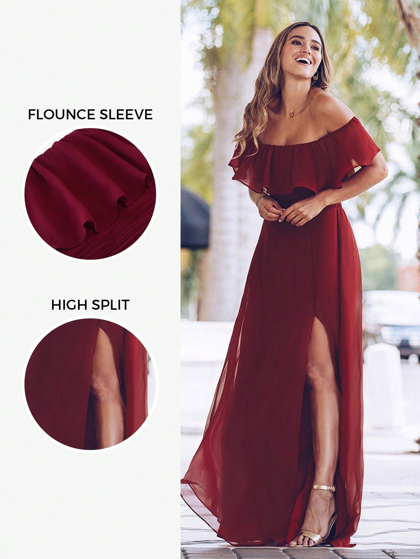 EVER-PRETTY Ruffle Off Shoulder Split Prom Dress