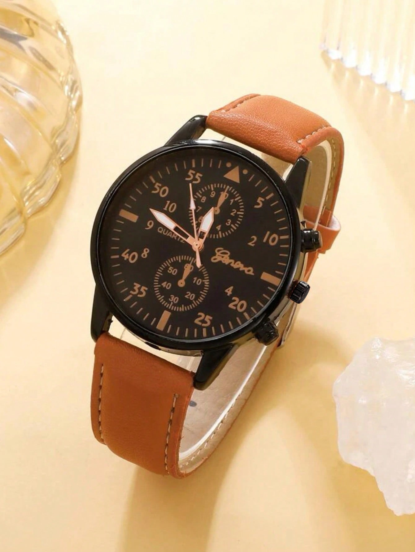 4pcs/set New Men's Watch & Bracelet Luxury Business Brown Pu Leather Quartz Wristwatches Gift Set (box Not Included)