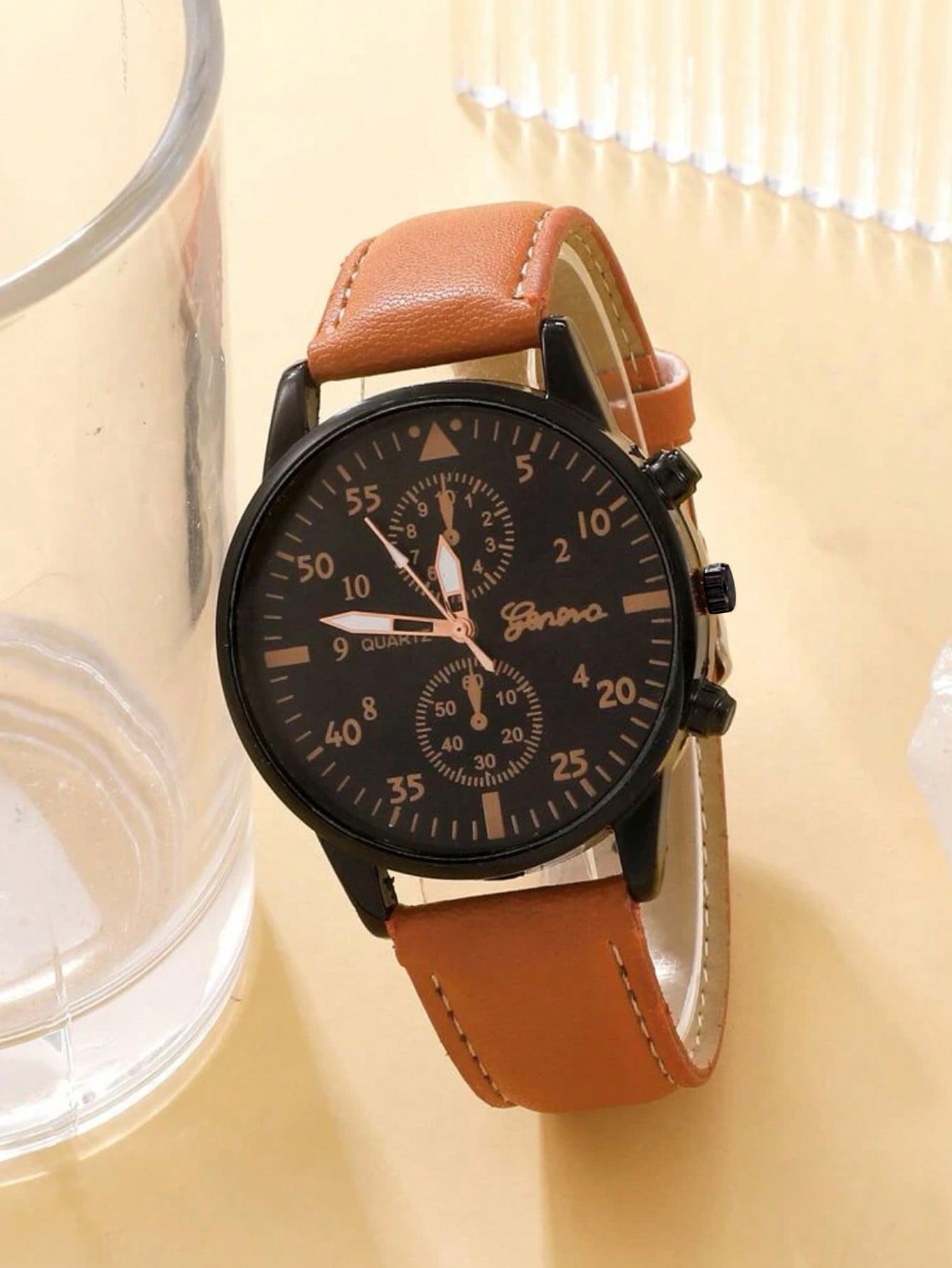 4pcs/set New Men's Watch & Bracelet Luxury Business Brown Pu Leather Quartz Wristwatches Gift Set (box Not Included)