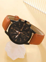 4pcs/set New Men's Watch & Bracelet Luxury Business Brown Pu Leather Quartz Wristwatches Gift Set (box Not Included)