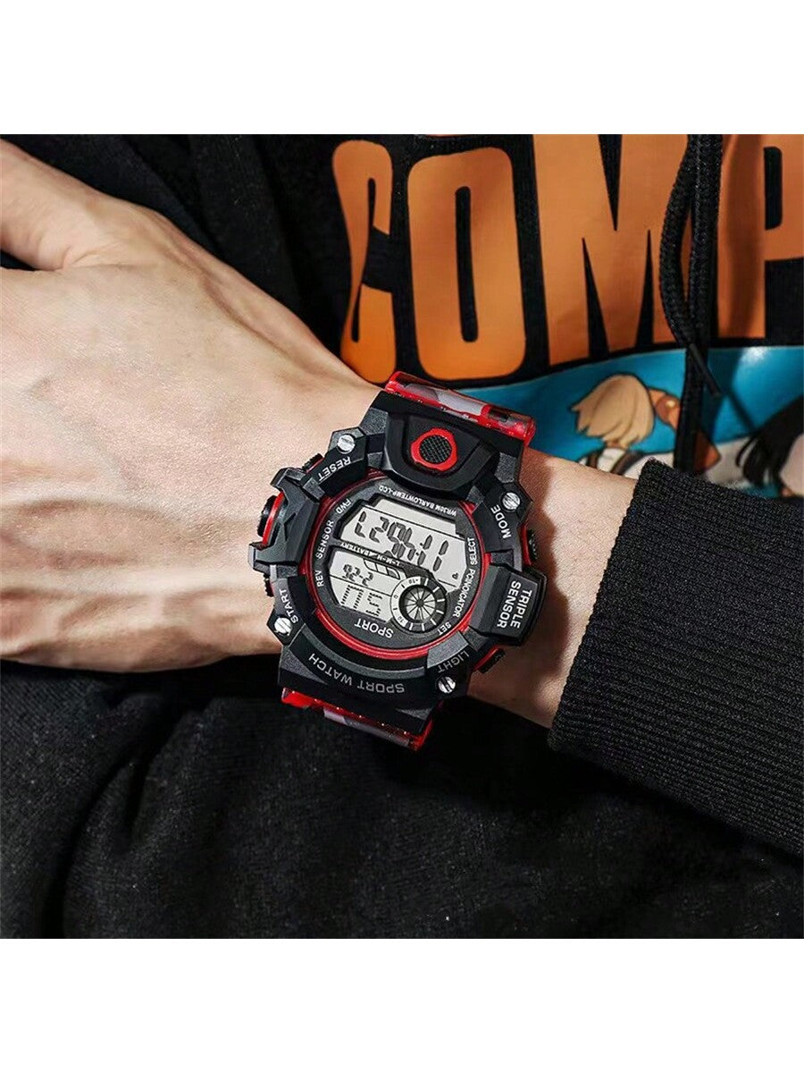 1pc Men's Red Silicone Strap Electronic Watch, Suitable For Daily And Outdoor Sports, With Date, 24h Clock, Stopwatch, Alarm Clock And Multiple Functions