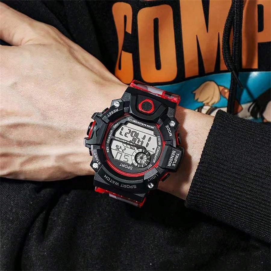 1pc Men's Red Silicone Strap Electronic Watch, Suitable For Daily And Outdoor Sports, With Date, 24h Clock, Stopwatch, Alarm Clock And Multiple Functions