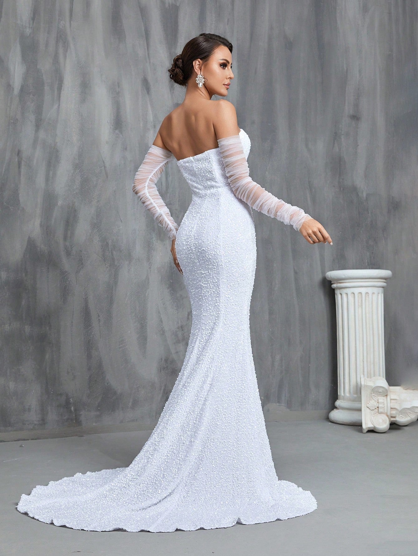 Women's Off Shoulder Sequined Mermaid Wedding Dress With Front Slit