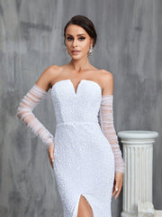 Women's Off Shoulder Sequined Mermaid Wedding Dress With Front Slit