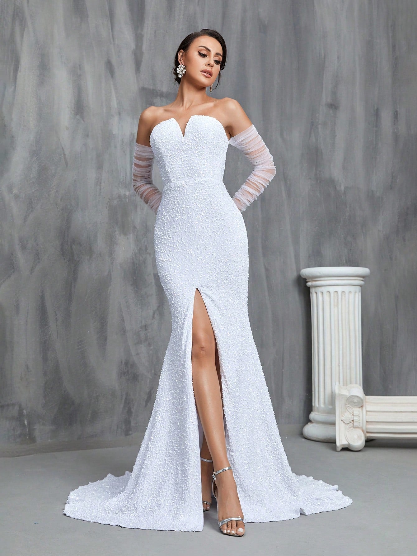 Women's Off Shoulder Sequined Mermaid Wedding Dress With Front Slit