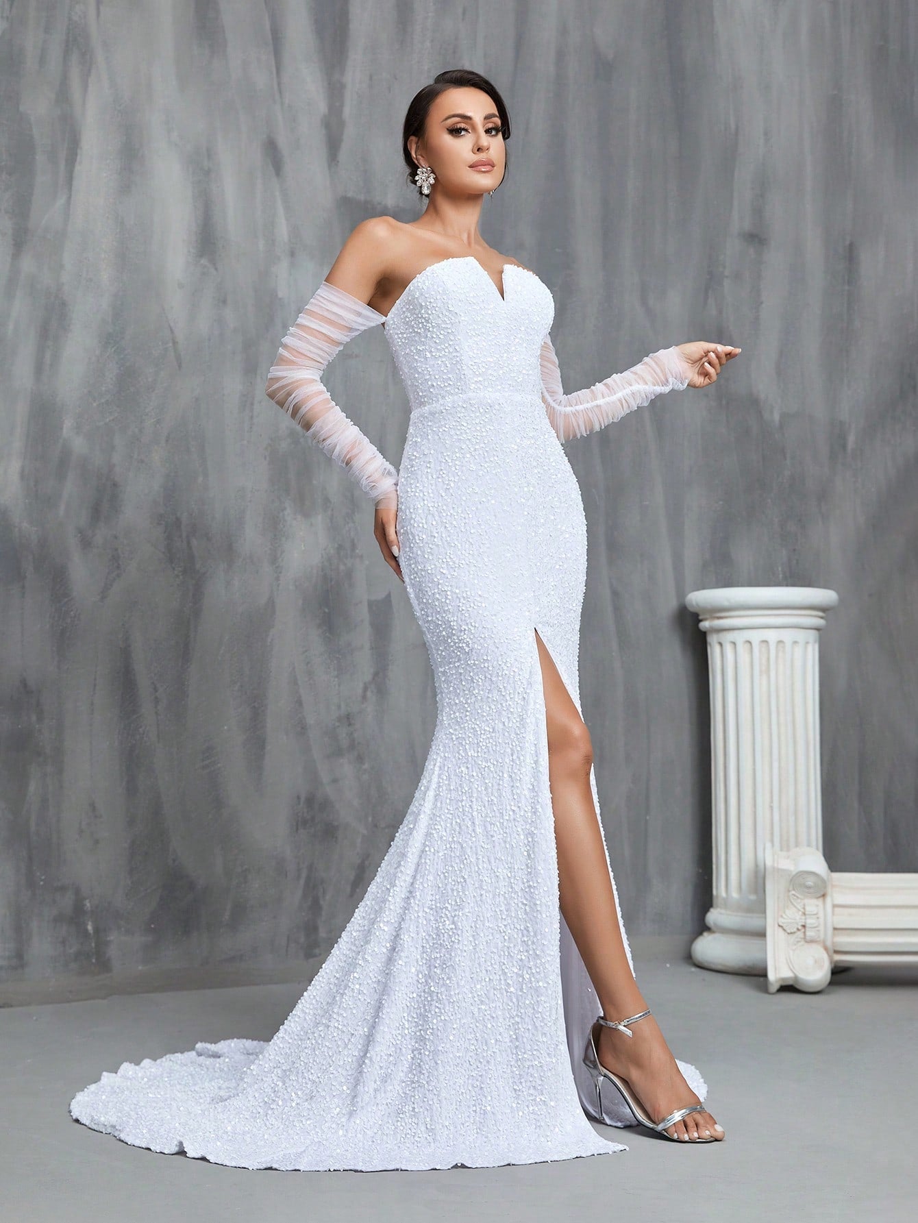 Women's Off Shoulder Sequined Mermaid Wedding Dress With Front Slit