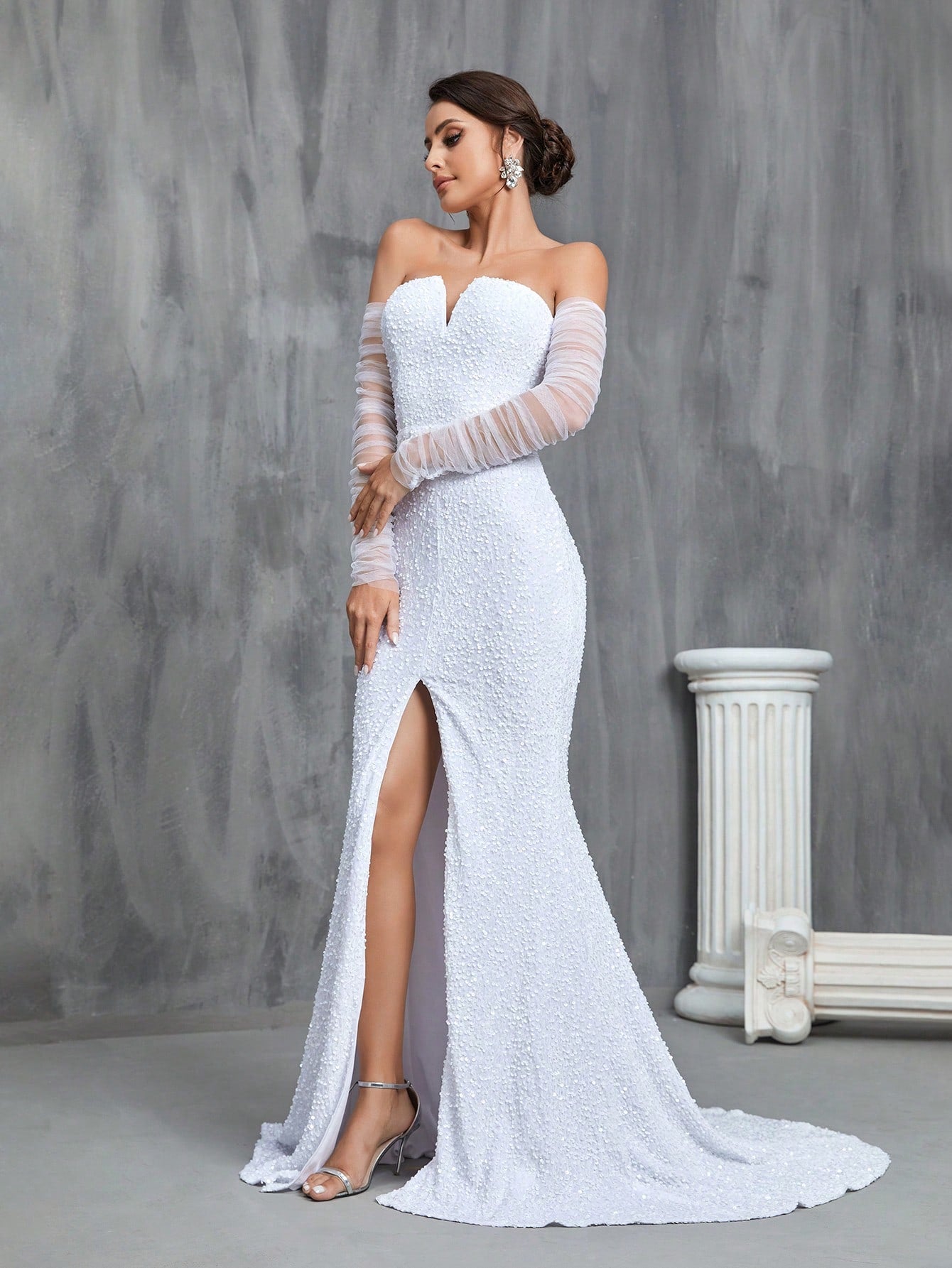 Women's Off Shoulder Sequined Mermaid Wedding Dress With Front Slit