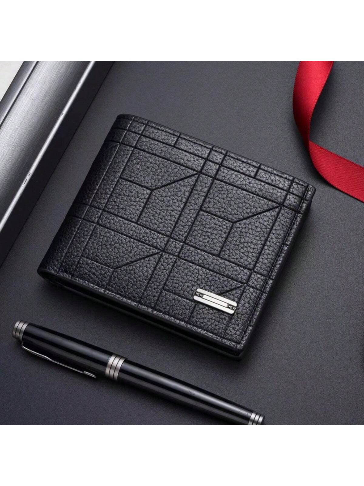 1pc Men's Black Thin Grid Patterned Alloy Logo Minimalist Retro Personality Multifunctional Card Holder For Daily Use