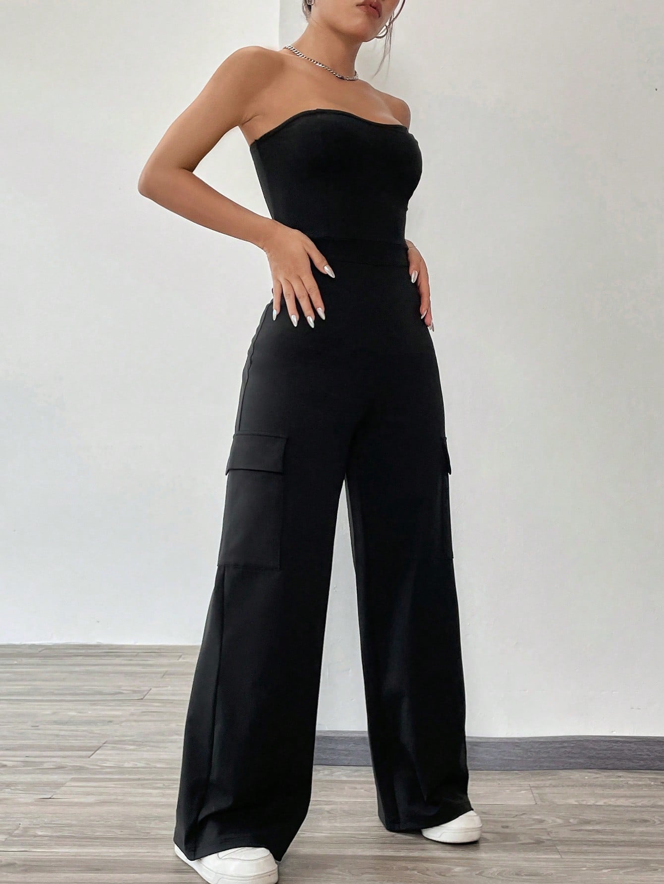 Solid Flap Pocket Side Tube Jumpsuit