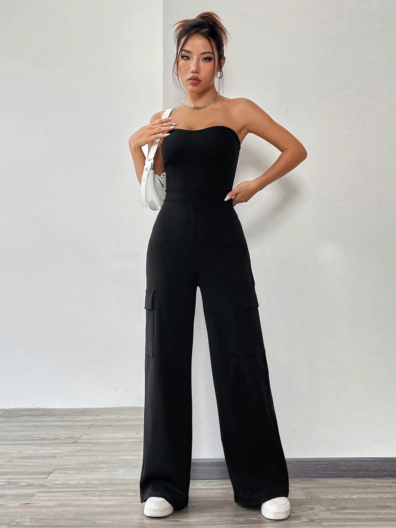 Solid Flap Pocket Side Tube Jumpsuit