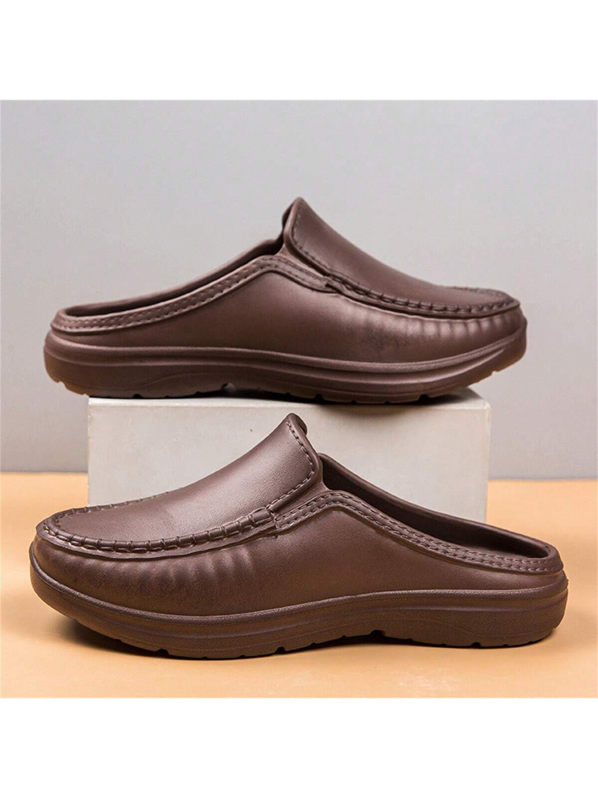 Simple Slip-on Men's Half Slippers With Non-slip Pu Leather Outsole, Suitable For Driving And Chef Work