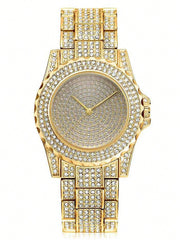 1pc Men's Hip-hop Style Quartz Watch With Diamond-inlaid Dial + 1pc Bracelet