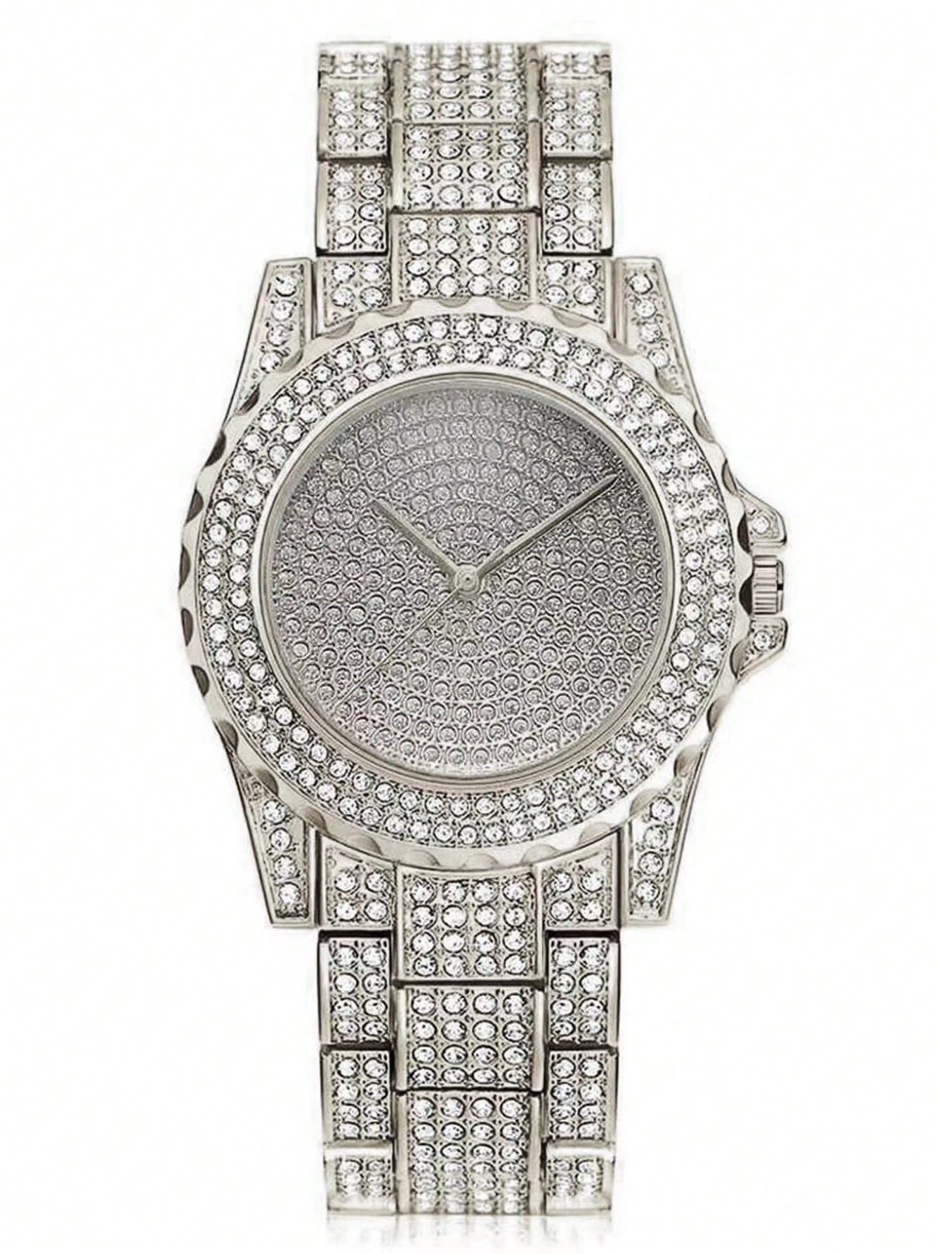 1pc Men's Hip-hop Style Quartz Watch With Diamond-inlaid Dial + 1pc Bracelet