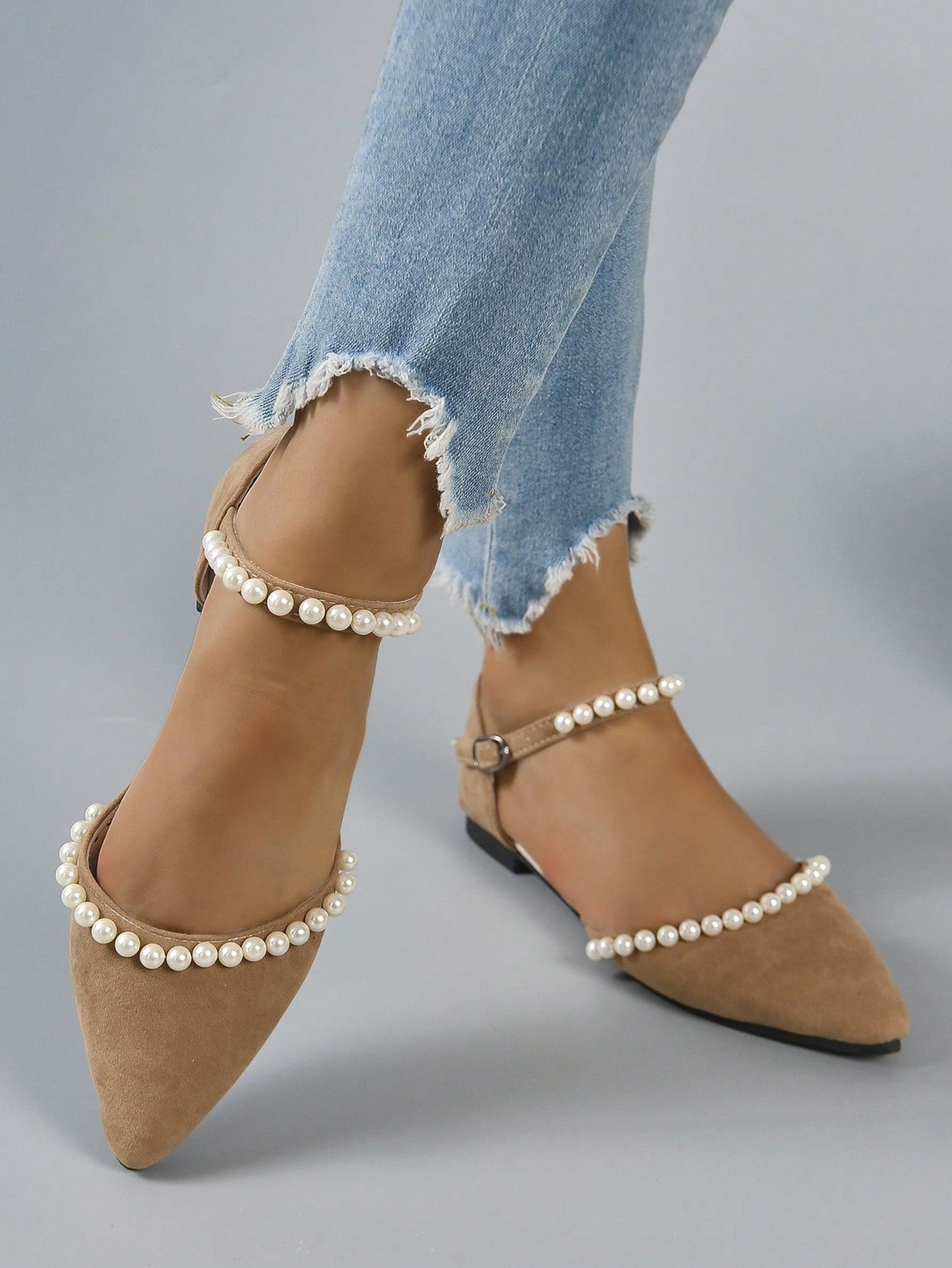 Flat Shoes With Pearl Decoration - Point Toe, All Seasons, Versatile, Khaki Sandals