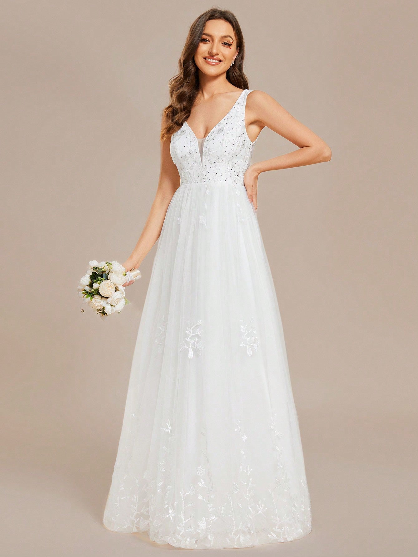 EVER-PRETTY Deep V Neck Sexy Mesh Embroidered Wedding Dress