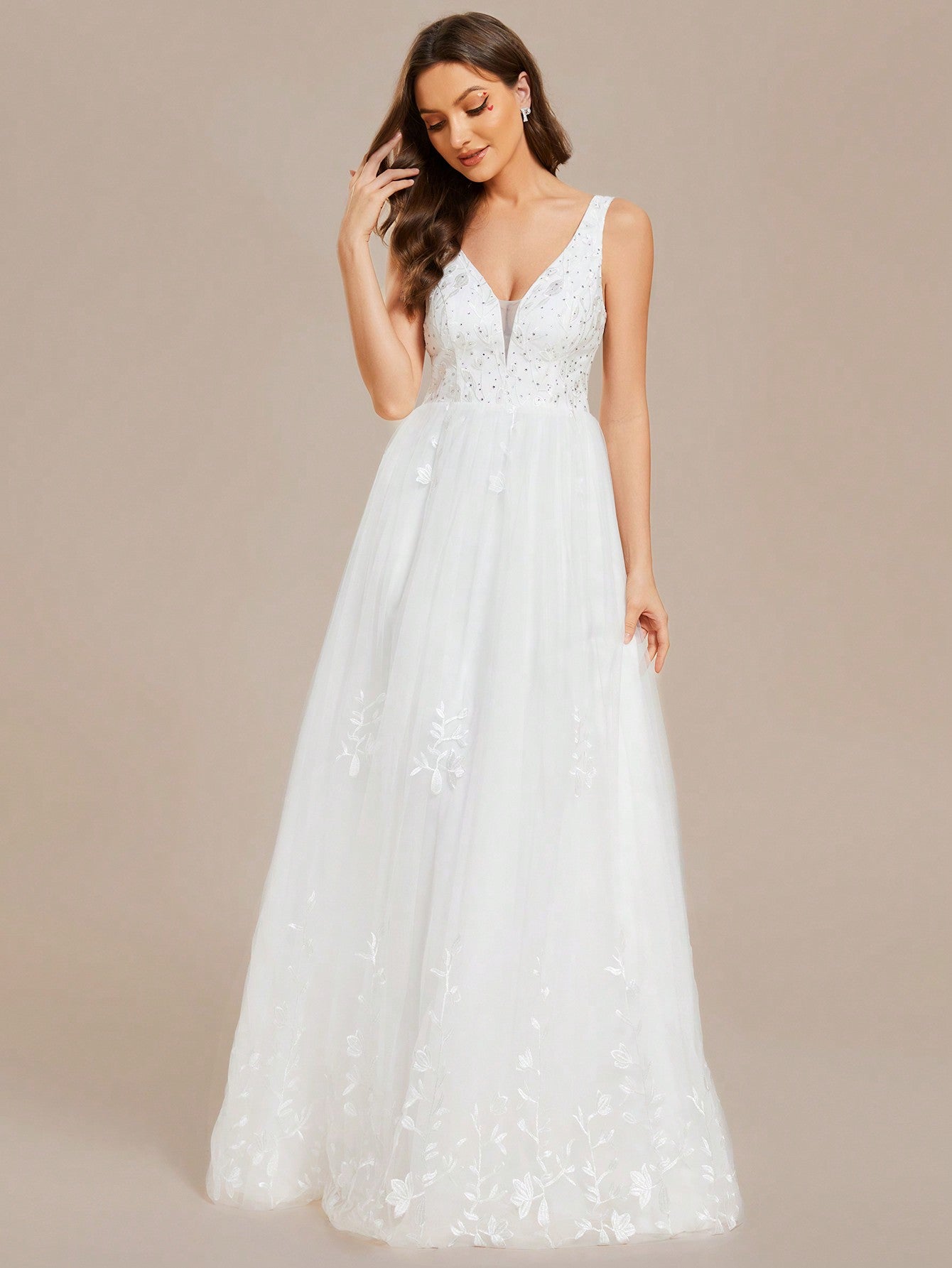 EVER-PRETTY Deep V Neck Sexy Mesh Embroidered Wedding Dress