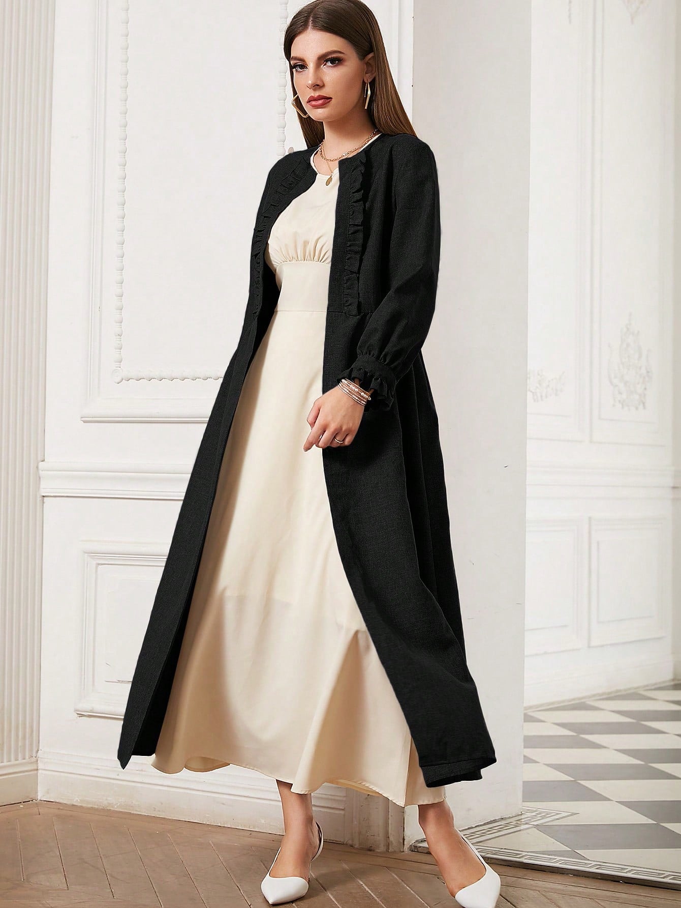 Najma Solid Colored Arabian Abaya With Frilled Hem Design