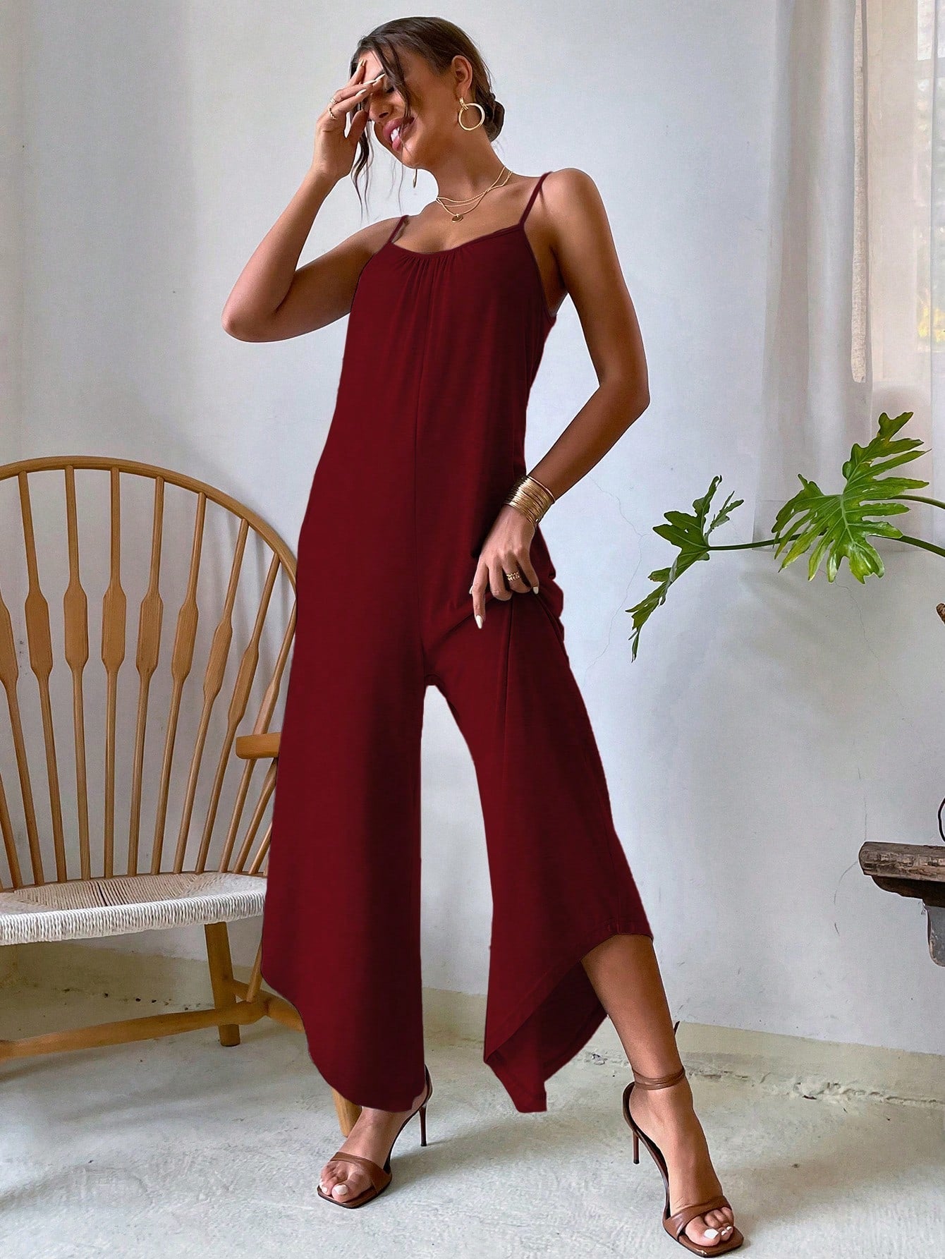 VCAY Striped Print Asymmetrical Hem Cami Jumpsuit