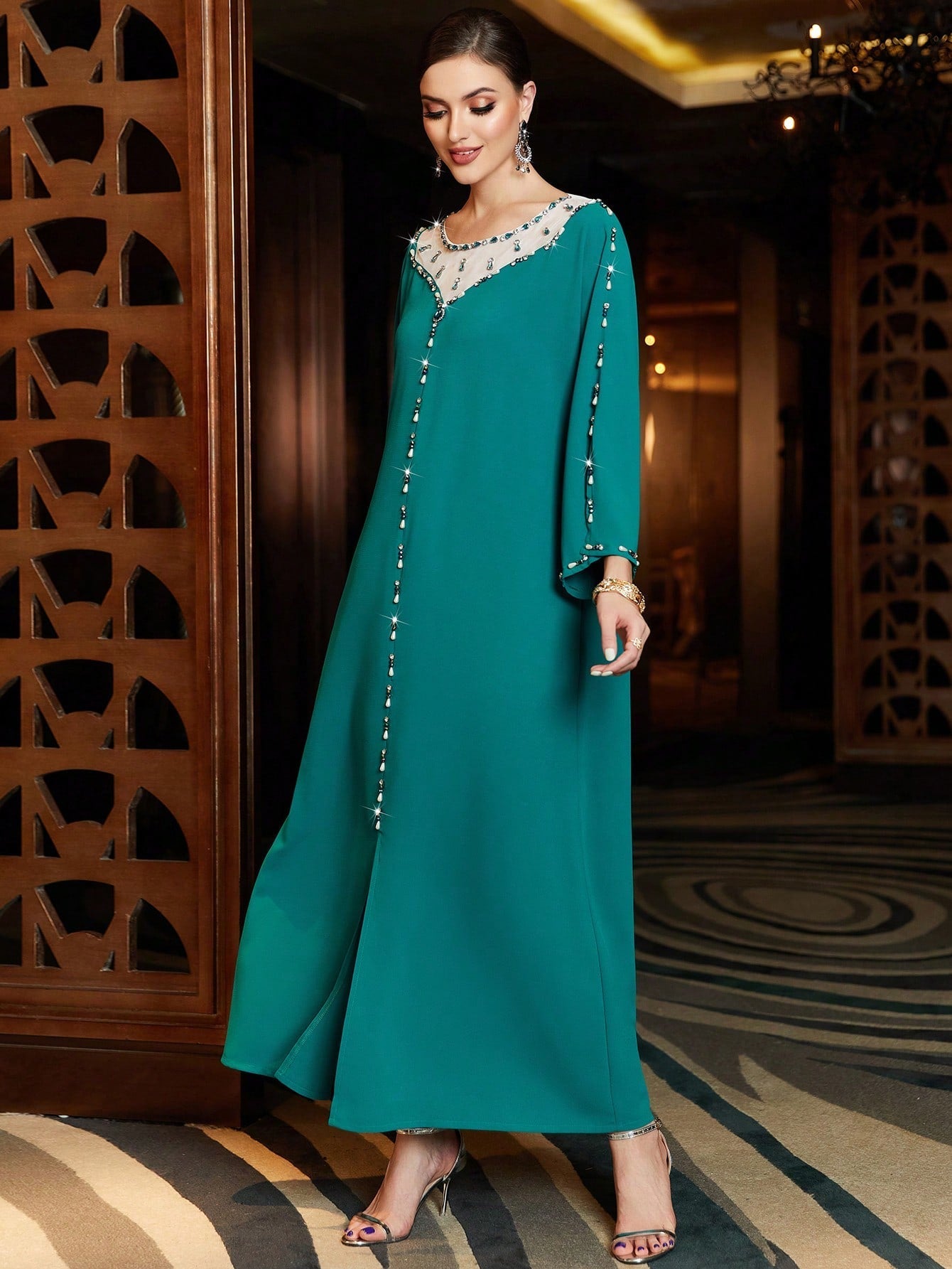 Najma Arabic Traditional Long Thobe With Patchwork & Beaded Detail