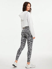 Drop Shoulder Drawstring Hoodie & Leopard Print Leggings Sports Set